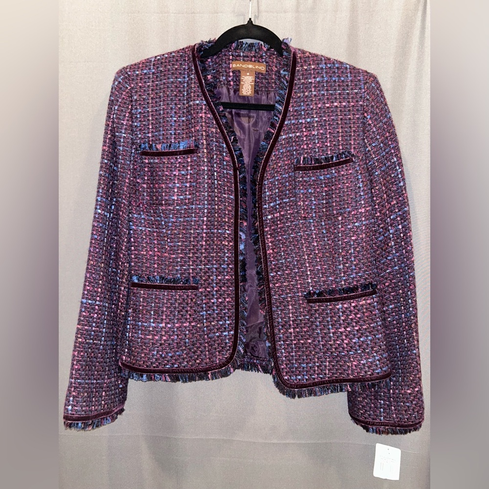 Bandolino Purple Tweed Blazer with Fringe Trim